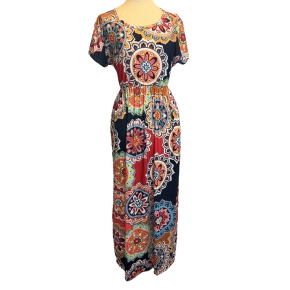 Clear De Vague Mandala Print short sleeved maxi dress with pockets size 2X - Picture 1 of 9